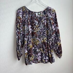 Susina Floral Blouse Tie Keyhole Neckline XL
